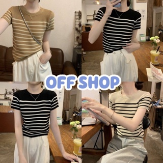 OFF SHOP พร้อมส่ง (OFF-6Y032) เสื้อครอปไหมพรมแขนสั้น ลายทางยืดตามตัว  -C