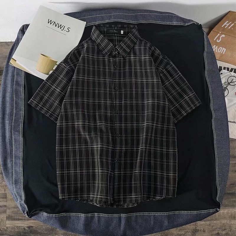 IELGY เสื้อเชิ้ตผู้ชายบางส่วนแขนสั้นเสื้อลายสก๊อตสีขาวหลวมสบายๆสไตล์เกาหลีอินเทรนด์ทุกการแข่งขันครึ่งแขน