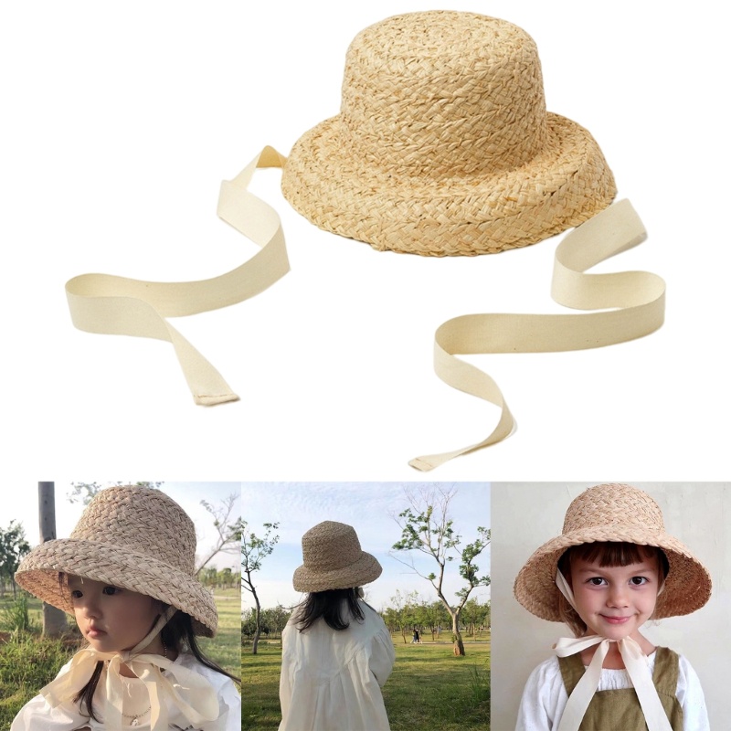 SOME Fashion Lace-up Flat Hat Handทอฟาง Sun Cap 3-9Y Girl Summer Beach-Hat