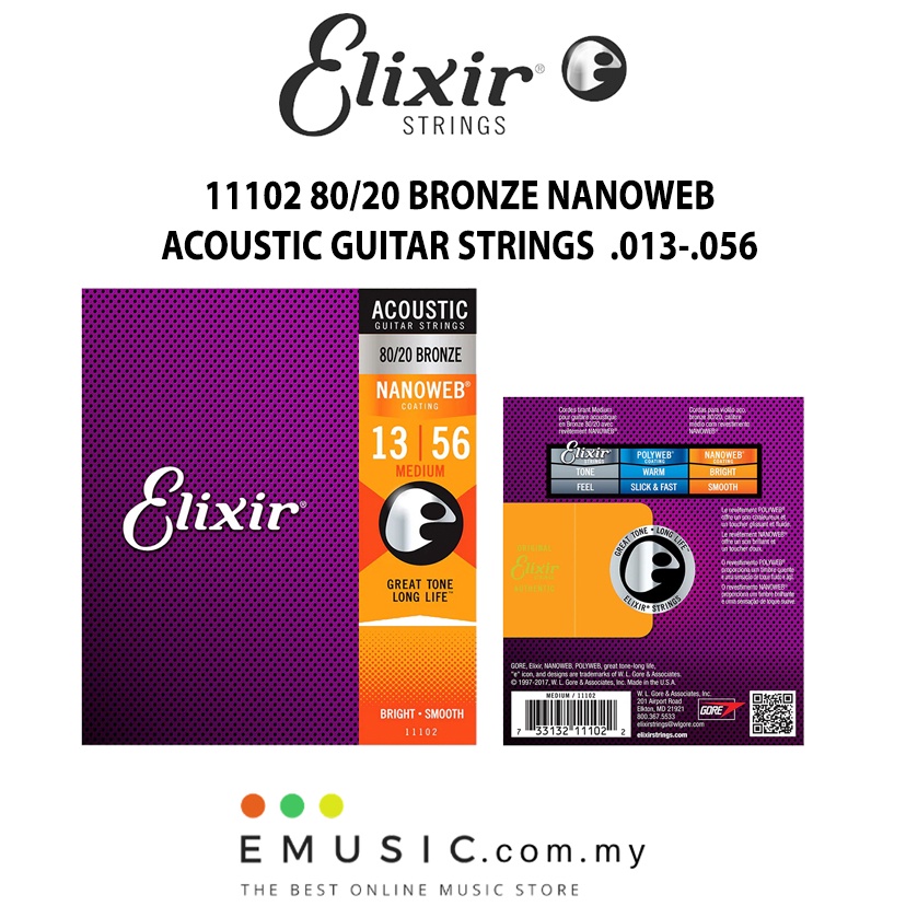 สาย Elixir 11102 80/20 สายกีต้าร์โปร่ง Bronze Nanoweb 13-56 (Elixir 11102)