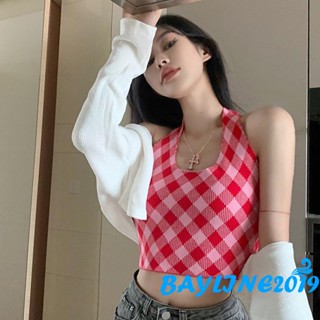 Bay- เสื้อกล้าม แขนกุด ลายสก๊อต แนวสตรีท เหมาะกับฤดูร้อน สําหรับผู้หญิง