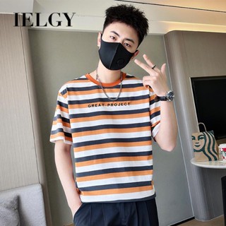 IELGY เสื้อยืดแขนสั้น ลายทาง สีตัดกัน แฟชั่นสําหรับผู้ชาย