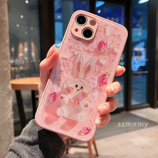 เคสโทรศัพท์มือถือกระจกนิรภัย ขอบตรง ลายกระต่ายน่ารัก สําหรับ Iphone 14 13 12 11 Pro Max 14plus