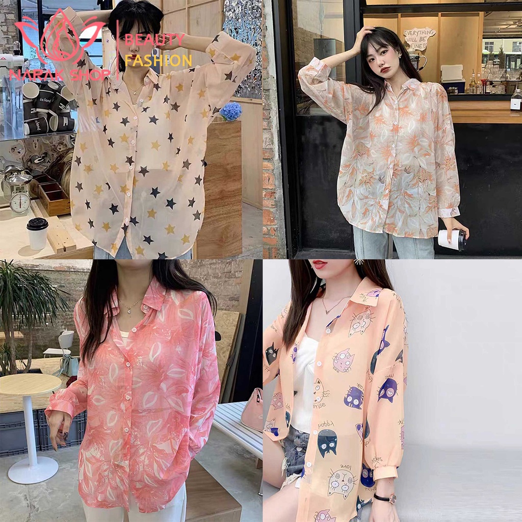 เสื้อเชิ้ตชีฟองเเขนยาวพิมพ์ลาย