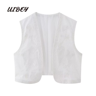 Uibey เสื้อกั๊กแฟชั่น คอวี ปักลาย สีพื้น อเนกประสงค์ 5555