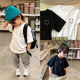 พร้อมส่ง เสื้อยืดแขนสั้น ผ้าฝ้ายแท้ ทรงหลวม สไตล์เกาหลี แฟชั่นฤดูร้อน สําหรับเด็กผู้ชาย