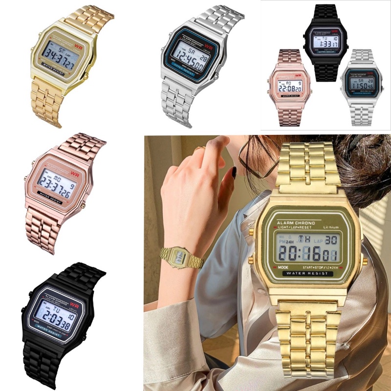นาฬิกาข้อมือควอตซ์ดิจิทัล LED อิเล็กทรอนิกส์ กันน้ํา สีทอง สีเงิน หรูหรา เหมาะกับเล่นกีฬา เทศกาล ให้เป็นของขวัญได้ สําหรับผู้ชาย และผู้หญิง