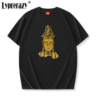 Lyprerazy เสื้อยืดแขนสั้น ผ้าฝ้าย ปักลาย Bodhisattva ทรงหลวม แฟชั่นฤดูร้อน