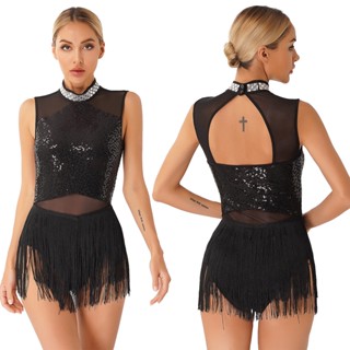 Yeahdor สตรี Glittery Rhinestone ปก Fringed Leotard ตาข่าย P…