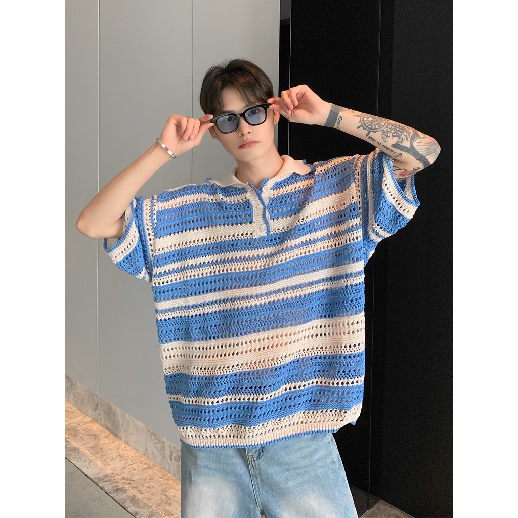 Cuibuju เสื้อโปโลแขนสั้นลําลอง คอปก ผ้าถัก ทรงหลวม ลายทาง สีคอนทราสต์ สไตล์เรโทร แฟชั่นฤดูร้อน