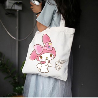 ใหม่ Sanrio Kuromi Melody กระเป๋าถือ กระเป๋าเดินทาง ผ้าแคนวาส ทรงโท้ท พับได้ คุณภาพสูง แฟชั่น สําหรับผู้หญิง H0M1