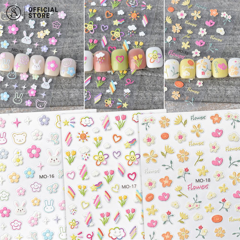 ใหม่ สติกเกอร์ติดเล็บ ลายดอกทิวลิป สีรุ้ง ดอกไม้ กระต่าย ดาว มาเนีย แบบนูน น่ารัก