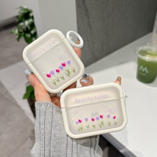 เคสหูฟังบลูทูธไร้สาย tpu ใส แบบนิ่ม ลายดอกทิวลิป สีขาว พร้อมตะขอ สําหรับ AirPods 1 2 Pro2 Gen3