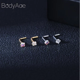 Bodyace 1 ชิ้น 0.8 / 1.0 มม. ลูกบาศก์เพทายจมูกกระดุมสแตนเลสรูปตัว L เจาะจมูกหัวใจดาวสี่เหลี่ยมเจาะรูจมูก