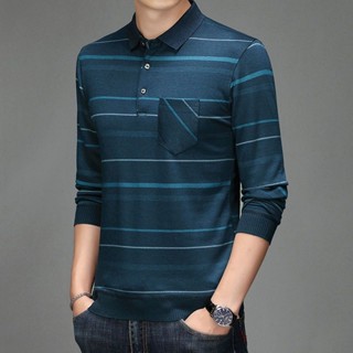 เสื้อยืดแขนยาว คอปก ทรงหลวม พร้อมกระเป๋า แฟชั่นฤดูใบไม้ผลิ และฤดูใบไม้ร่วง สําหรับผู้ชายวัยกลางคน
