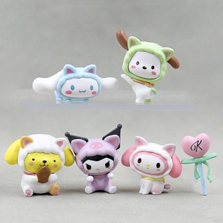 Hobby โมเดลฟิกเกอร์ Sanrio Cat Kuromi Melody Cinnamoroll Pochacco Purin ของเล่นสําหรับเด็ก 6 ชิ้น