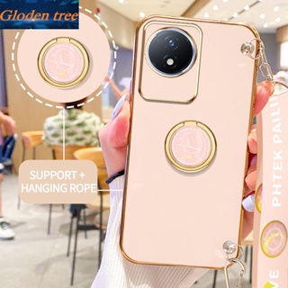 เคสโทรศัพท์มือถือ ลายต้นไม้ Gloden พร้อมขาตั้ง และสายคล้อง สําหรับ Vivo Y02 Y02A