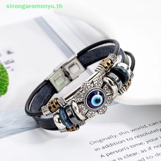 Strongaromonyu สร้อยข้อมือหนัง แฮนด์เมด หลายชั้น ประดับลูกปัด สีดํา สไตล์พังก์ ตุรกี นําโชค สําหรับผู้ชาย ผู้หญิง TH