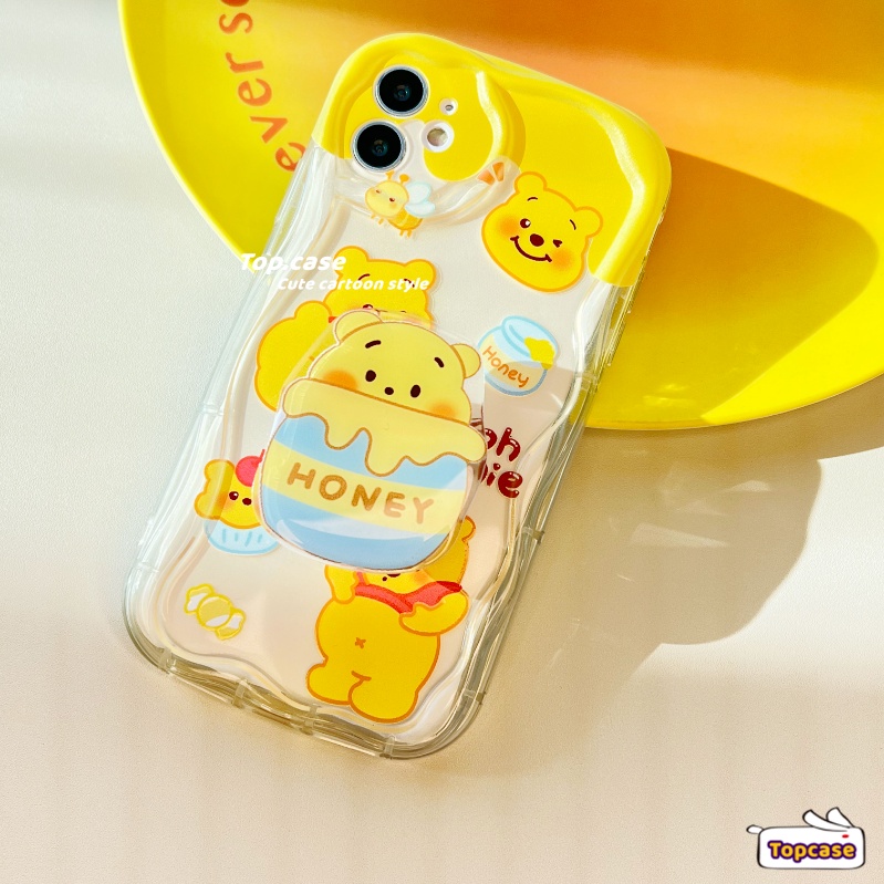 เคสโทรศัพท์มือถือนิ่ม ขอบโค้ง ลายการ์ตูนหมีวินนี่น่ารัก 3D แวววาว พร้อมขาตั้ง สําหรับ iPhone15 14 13 12 11 Pro Max SE2020 X Xr Xs Max 8 7 6 6s Plus