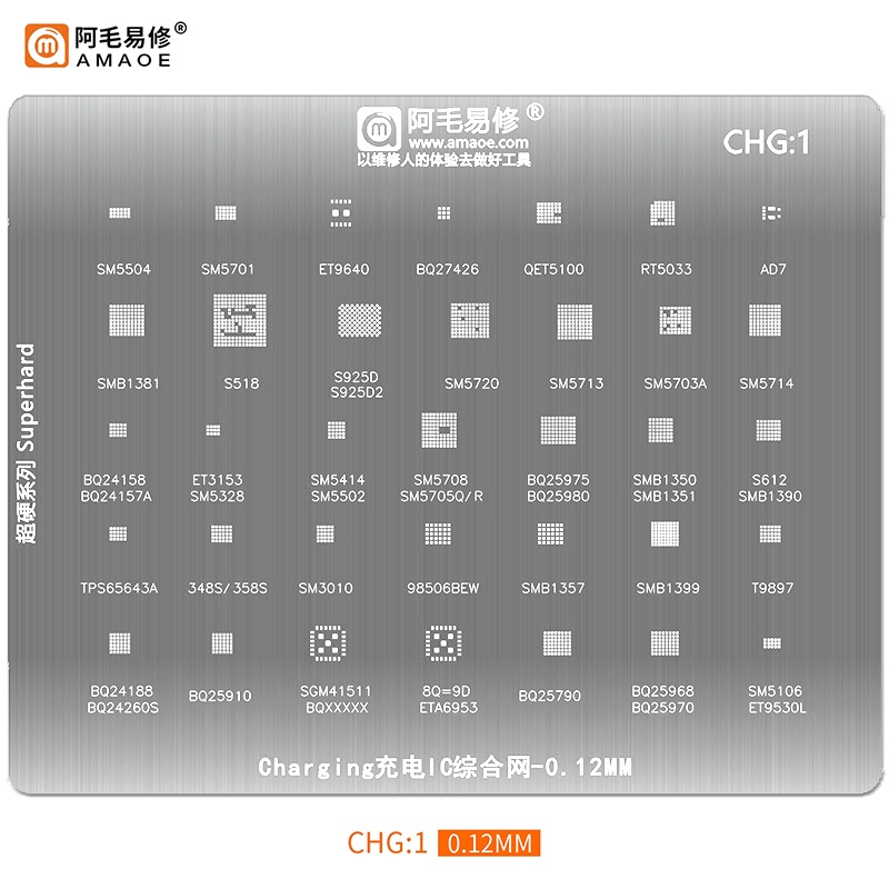 BGA Reballing Stencil CHG 1 สําหรับ SM/BQ/SMB/SGM/8Q/9D/ETA/RT/QET/PS S518 ET6940 TEA9653 RT5033 โทร