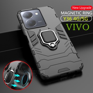 เคสโทรศัพท์แข็ง กันกระแทก สีดํา พร้อมแหวนขาตั้ง สําหรับ VIVO Y36 4G Y 36 Y27 5G VIVOY36