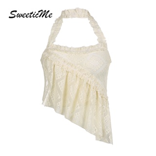 Sweeticme ใหม่ เสื้อกล้ามซีทรู ลําลอง แต่งลูกไม้ สีพื้น ทรงสลิมฟิต เซ็กซี่ แฟชั่นสําหรับสตรี 2023