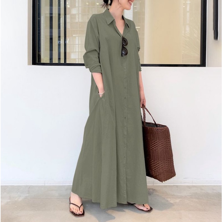 Casual Maxi Dress Plus ขนาดผู้หญิงผ้าลินินผ้าฝ้าย Maxi Shirtdress ปุ่มแขนยาว Casual ผ้าลินินชุดแข็งพร้อมกระเป๋า