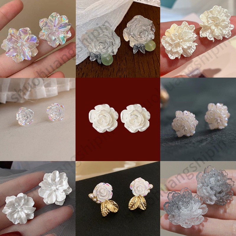 ต่างหูแฟชั่น ลายดอกไม้ สีขาว สไตล์เกาหลี ญี่ปุ่น เรียบง่าย หรูหรา