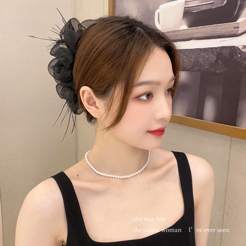 กิ๊บติดผม ตาข่าย ขนนก ขนาดใหญ่ ประดับโบว์ ดอกไม้ สีดํา หรูหรา เครื่องประดับ แฟชั่นสําหรับผู้หญิง