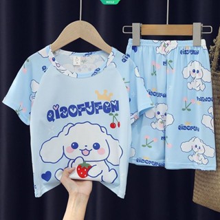 ใหม่ Kawaii Sanrio Hello Kitty Cinnamoroll ชุดนอนแขนสั้น กางเกงขาสั้น ทรงหลวม ใส่สบาย เหมาะกับฤดูร้อน สําหรับเด็กผู้หญิง