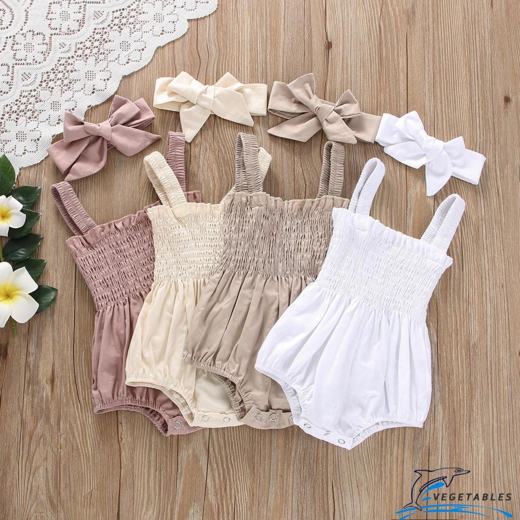 Zhy- ชุดจั๊มสูทรอมเปอร์ แขนสั้น สีพื้น พร้อมที่คาดผม ประดับโบว์ แฟชั่นฤดูร้อน สําหรับเด็กผู้หญิง