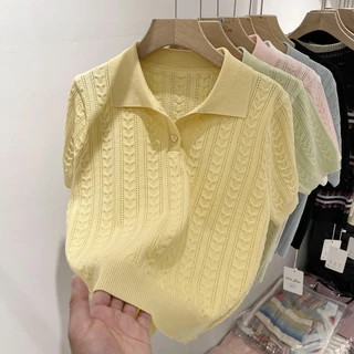 Xiao เสื้อกันหนาว คอปกโปโล แขนสั้น ผ้าเรยอน แว็กซี่ แบบนิ่ม ออกแบบดี แบบบาง เหมาะกับฤดูร้อน สําหรับผู้หญิง DRLU