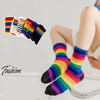 ถุงเท้าเด็ก ข้อกลาง แถบสีรุ้ง (สำหรับ1-8 ขวบ) พร้อมส่งจากไทย ลายแฟชั่นน่ารักสดใส ใช้ได้ทุกโอกาส
