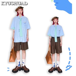 KYUSHUAD อินเทรนด์สีทึบมาตรฐานเยาวชนที่นิยมใหม่แฟชั่นที่เรียบง่ายของญี่ปุ่นวรรณกรรมแขนสั้นท็อปส์, เสื้อเชิ้ตครึ่งแขนสำหรับผู้ชาย,