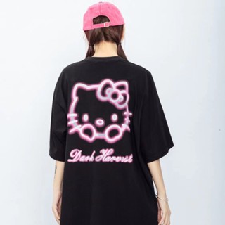 เสื้อยืดคอกลม แขนสั้น พิมพ์ลาย Hello Kitty ทรงหลวม สไตล์เกาหลี แฟชั่นสําหรับผู้หญิง