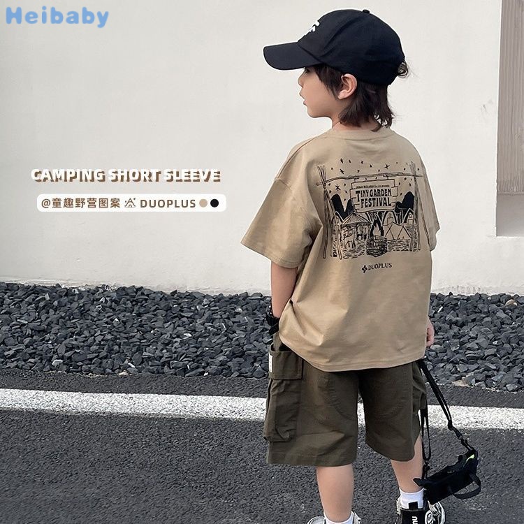 Heibabyเสื้อยืดแขนสั้น แขนห้าส่วน ผ้าฝ้ายแท้ พิมพ์ลาย ขนาดใหญ่ สไตล์เกาหลี ญี่ปุ่น สําหรับเด็กผู้ชาย อายุ 3-12 ปี