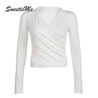 Sweeticme ใหม่ เสื้อฮู้ดลําลอง คอวี ป้องกันแสงแดด เข้ารูป สีพื้น แฟชั่นสําหรับสตรี 2023