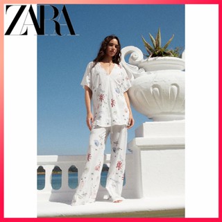 Zara ใหม่ เสื้อเบลาส์ ปักลาย สีตัดกัน สําหรับผู้หญิง