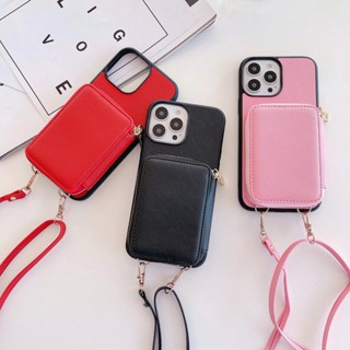 เคสโทรศัพท์มือถือ พร้อมช่องใส่บัตร และสายคล้องไหล่ มีซิป สําหรับ iPhone 14 Plus 13 12 11 Pro Max