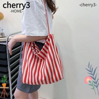 Cherry3 กระเป๋าสะพายไหล่ ผ้าแคนวาส ลายทาง ความจุขนาดใหญ่ สําหรับผู้หญิง