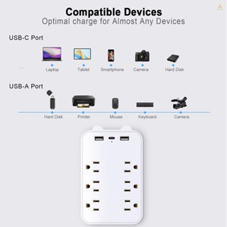 9-in-1 อะแดปเตอร์ปลั๊กพ่วง 6 ช่อง พร้อม USB 2 ช่อง และ 1 พอร์ต USB-C สําหรับบ้าน สํานักงาน ท่องเที่ยว