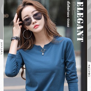 【pre】เสื้อยืดแขนยาวลําลอง สีพื้น สไตล์เกาหลี สําหรับผู้หญิง