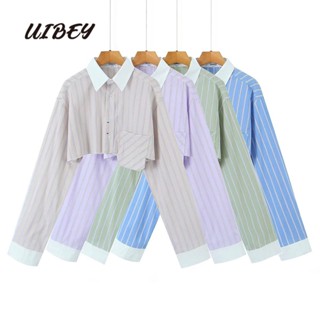 Uibey เสื้อเชิ้ตแขนยาว ลายทาง แฟชั่น 9098