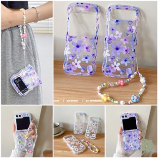 เคสโทรศัพท์มือถือแบบนิ่ม TPU ใส กันกระแทก ลายดอกไม้ พร้อมสายโซ่คล้องข้อมือ สําหรับ Samsung Galaxy Z Flip 5 Z Flip 4 Z Flip 3 5 4 3