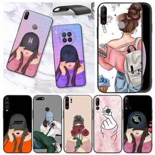 เคสโทรศัพท์มือถือนิ่ม กันกระแทก ลายการ์ตูนผู้หญิง สีดํา สําหรับ Huawei Nova 4E 3i 5i 5T P30 Lite P30 Pro