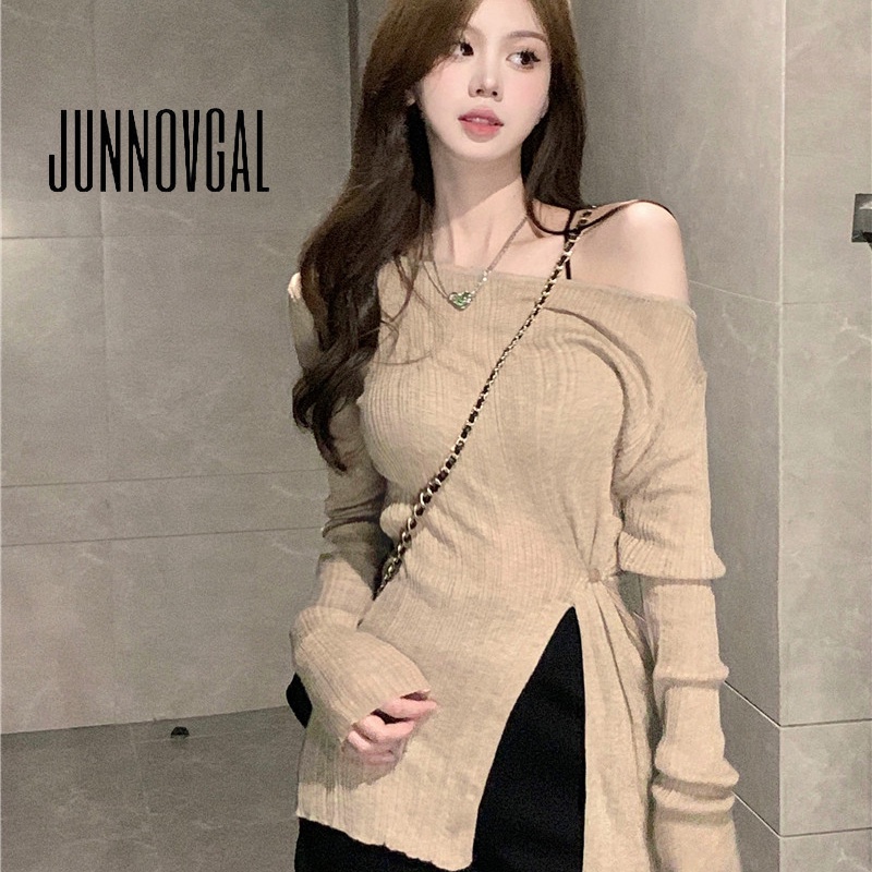 JUNNOVGAL เสื้อยืดผู้หญิงแฟชั่นใหม่เอวยางยืดสูง Slim All Match