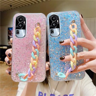 เคสโทรศัพท์มือถือ ซิลิก้าเจลนิ่ม ประดับเพชร พร้อมสร้อยข้อมือ สีรุ้ง ระยิบระยับ สําหรับ OPPO Reno10 Pro Plus Pro+ 5G