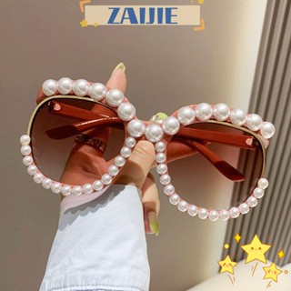 Zaijie24 แว่นตากันแดด ทรงกลม ป้องกัน UV400 ประดับมุก โอเวอร์ไซซ์ สไตล์เรโทร เหมาะกับเดินชายหาด ท่องเที่ยว สําหรับผู้หญิง