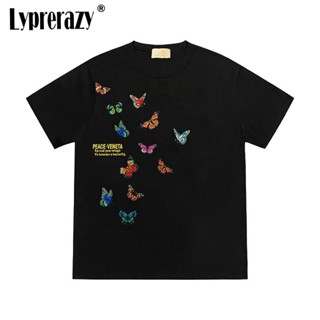 Lyprerazy เสื้อยืดแขนสั้น ผ้าฝ้าย ปักลายผีเสื้อ แฟชั่นฤดูร้อน สําหรับผู้ชาย และผู้หญิง