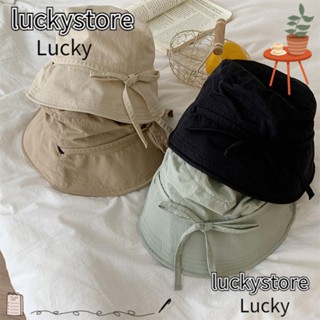 Lucky หมวกบักเก็ต กันแดด ผูกเชือก แบบบาง สีพื้น สไตล์ชาวประมง